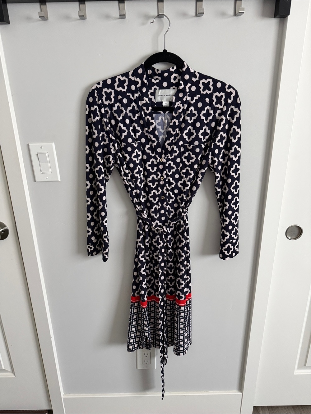 Navy and White Patterned Long Sleeve Dress with Red Trim